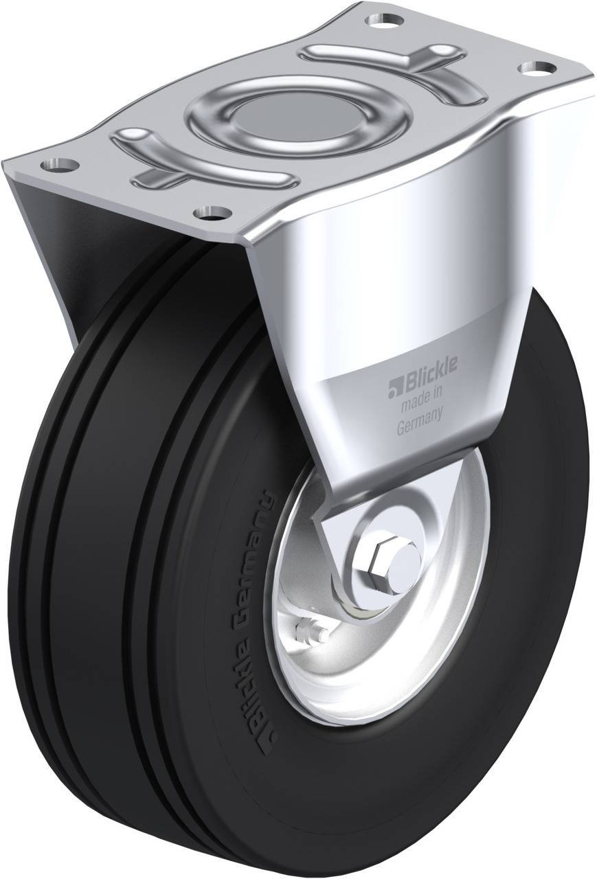 Schwenkrolle mit schwarzem Gummirad und silbernem Metallgehäuse, geeignet für industrielle Anwendungen.