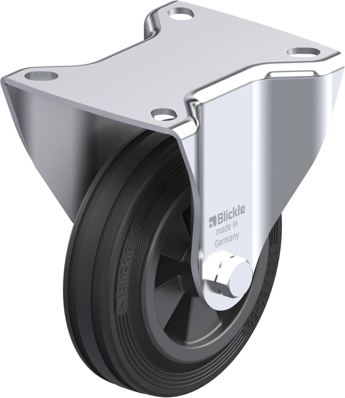 Stabiles Rad mit Metallhalterung, schwarzem Reifen und Aufdruck 'Blickle made in Germany'. Geeignet für industrielle Anwendungen.
