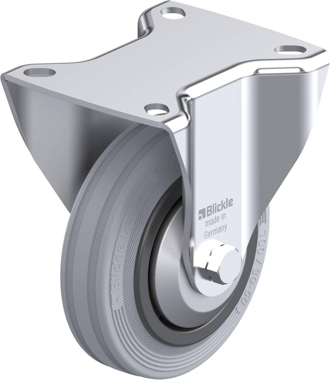 Metallisches Lenkrolle mit grauem Rad, Produzent 'Blickle', Aufdruck 'made in Germany'.