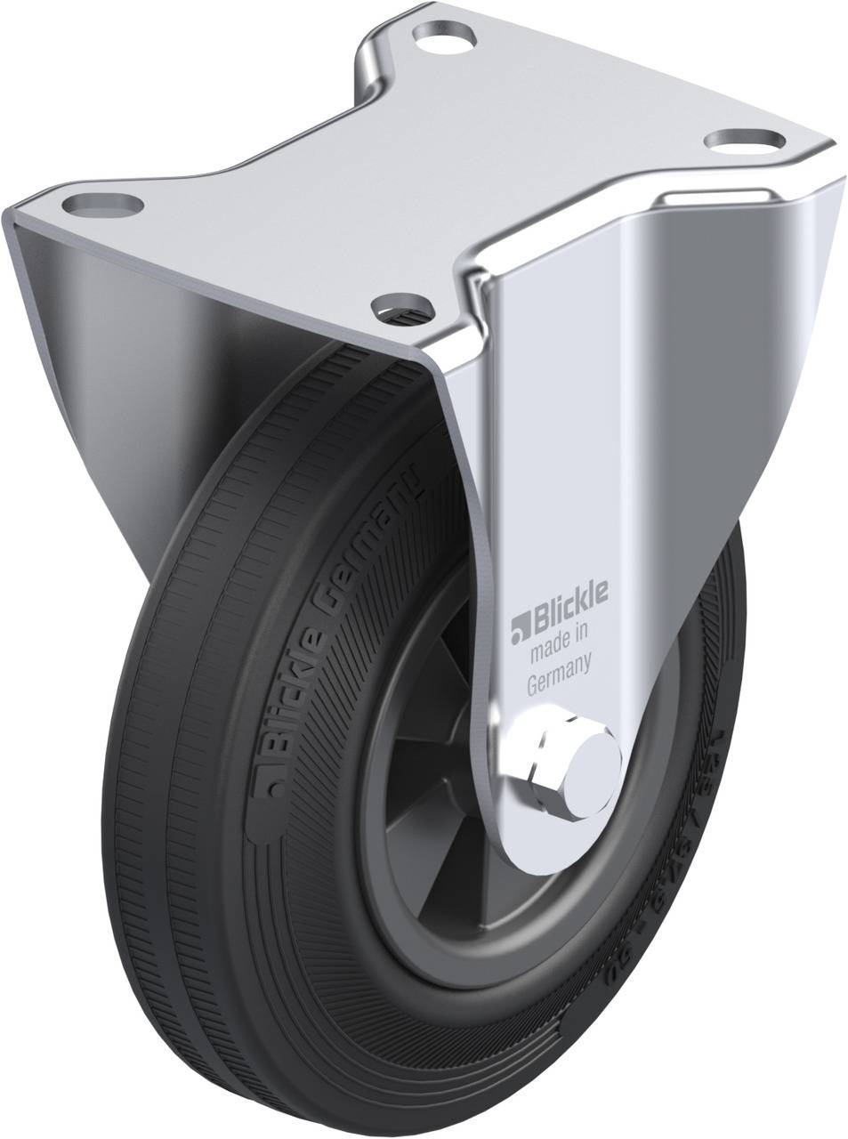 Schwenkrolle mit schwarzem Rad und silbernem Metallgehäuse. Gehäuse markiert mit 'Blickle, made in Germany'.