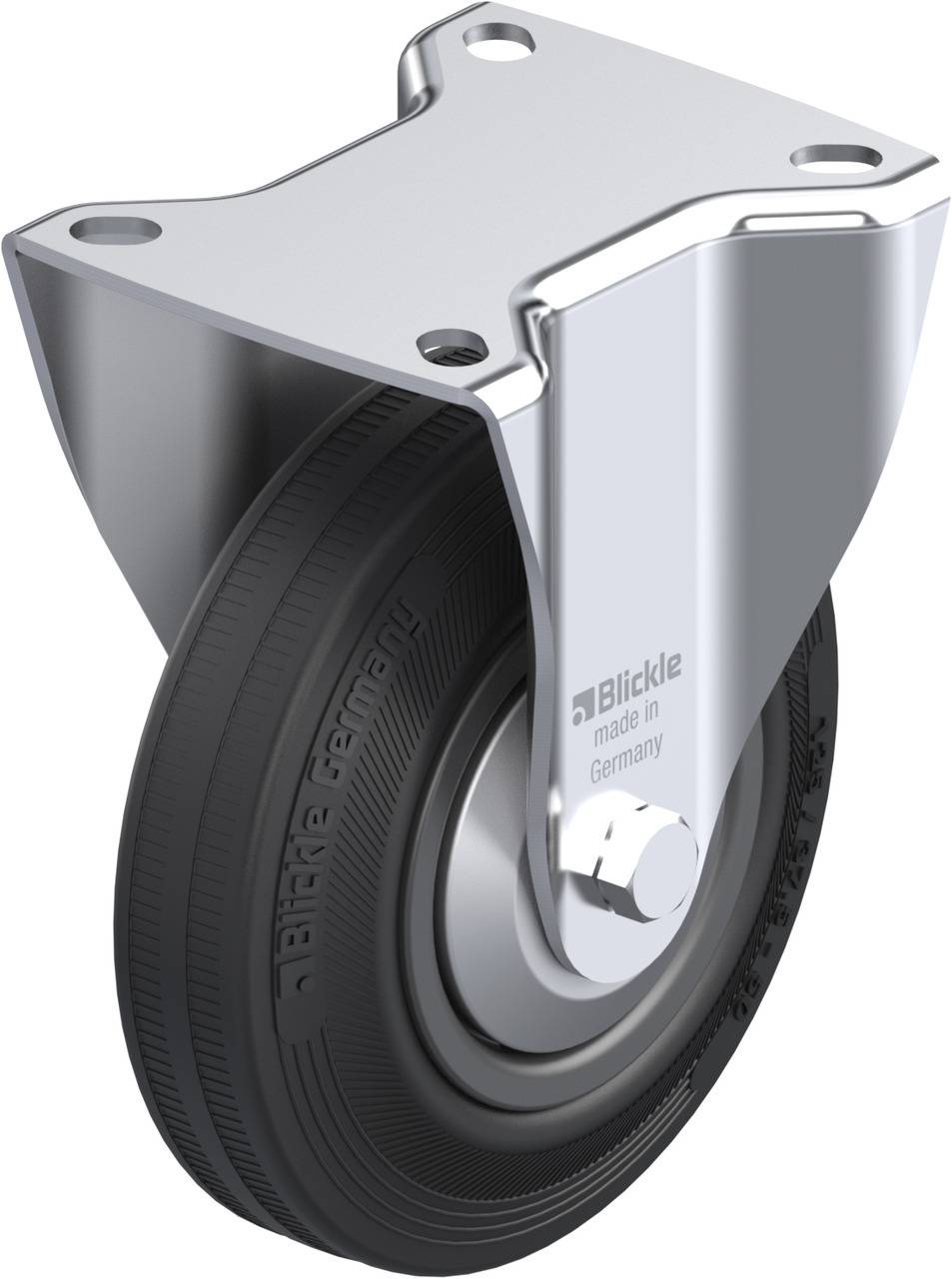 Metallisches Lenkrolle mit schwarzem Gummirad, beschriftet 'Blickle made in Germany'. Geeignet für den Einsatz in Industrieumgebungen.