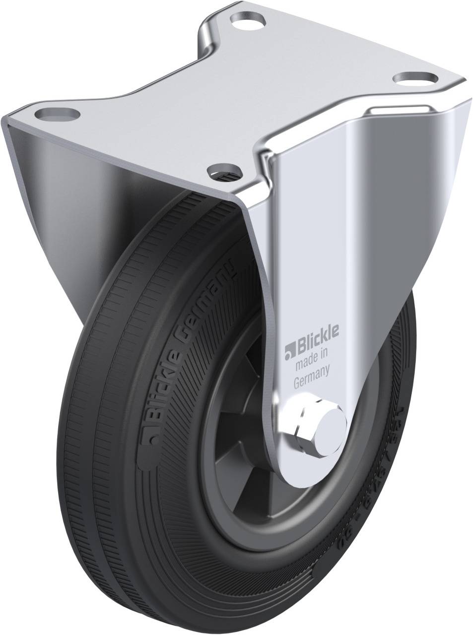 Metallrolle mit schwarzem Rad und runder Halterung. Aufschrift 'Blickle made in Germany'.
