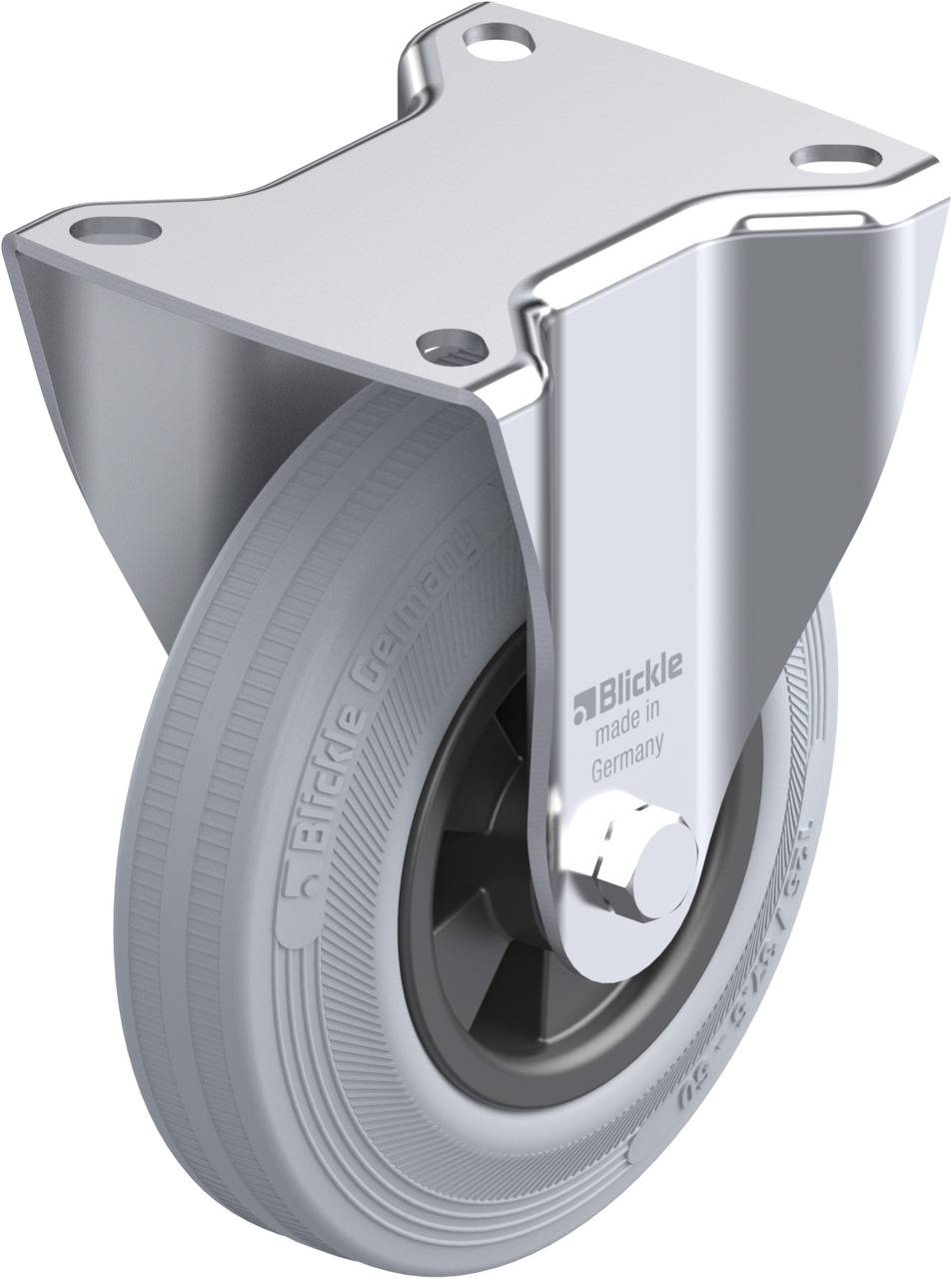 Industrie-Lenkrad aus Metall mit grauem Gummireifen und Halterung. Markierung zeigt 'Blickle, made in Germany'.
