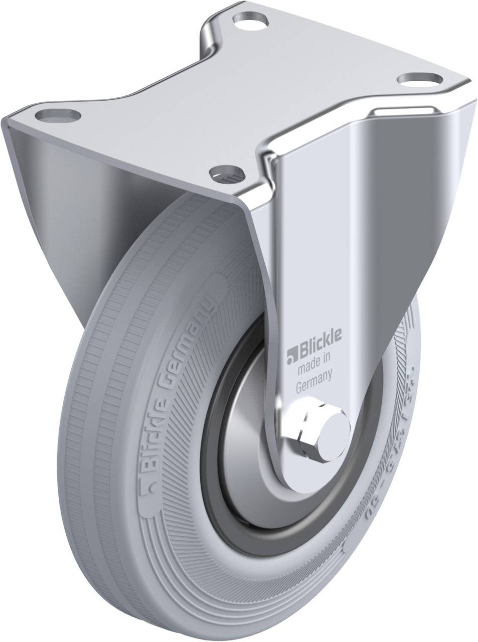 Metall-Lenkrolle mit grauem Rad, geeignet für industrielle Anwendungen. Silberner Beschlag, Markenname 'Blickle' sichtbar.