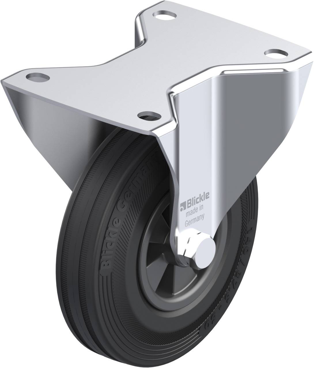 Schwenkrolle mit schwarzem Rad und silbernem Gehäuse, hergestellt in Deutschland. Geeignet für Möbel oder industrielle Anwendungen.