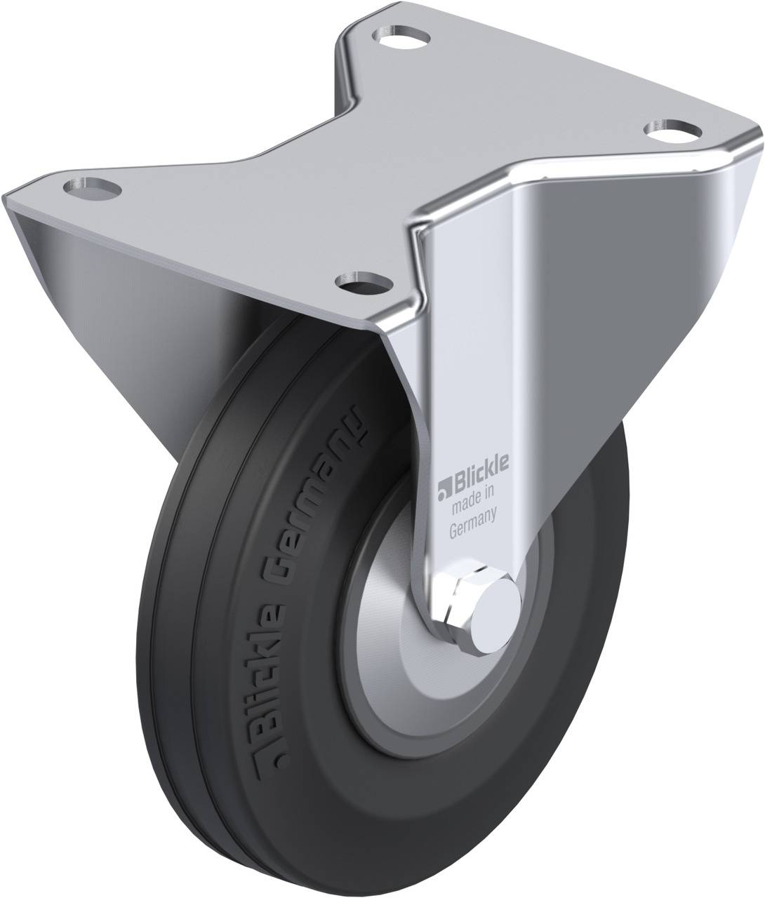 Industrie-Rollen mit schwarzem Rad und silberner Metallhalterung. Gepresstes Markenlogo 'Blickle Germany'.