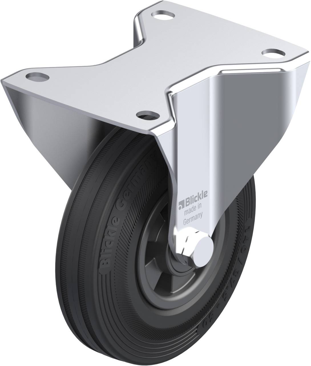 Schwenkrolle aus Metall mit schwarzem Rad und runder Halterung, Aufschrift 'Blickle made in Germany' sichtbar.