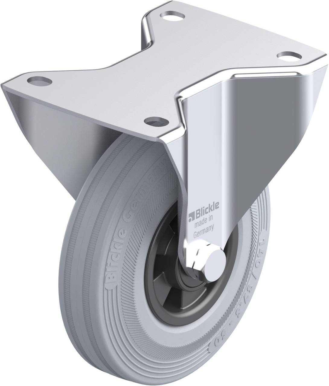 Stabile Lenkrolle aus Metall mit grauem Rad, geeignet für schwere Lasten. Markierung 'Blickle made in Germany' auf der Halterung.