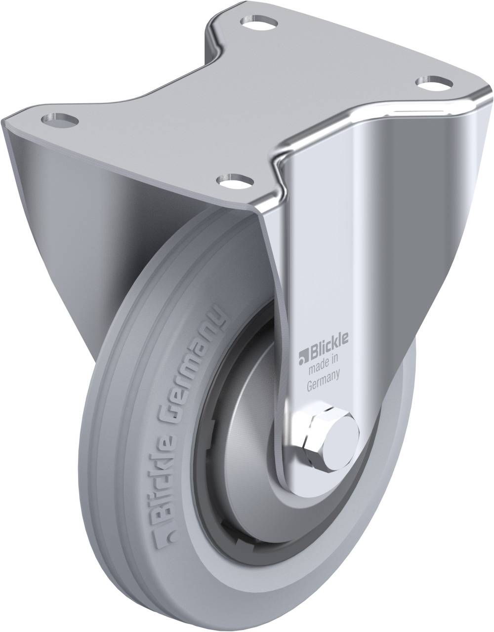 Graue Lenkrolle aus Metall, vor allem für industrielle Anwendungen geeignet. Markenlogo und 'made in Germany' auf der Seite sichtbar.