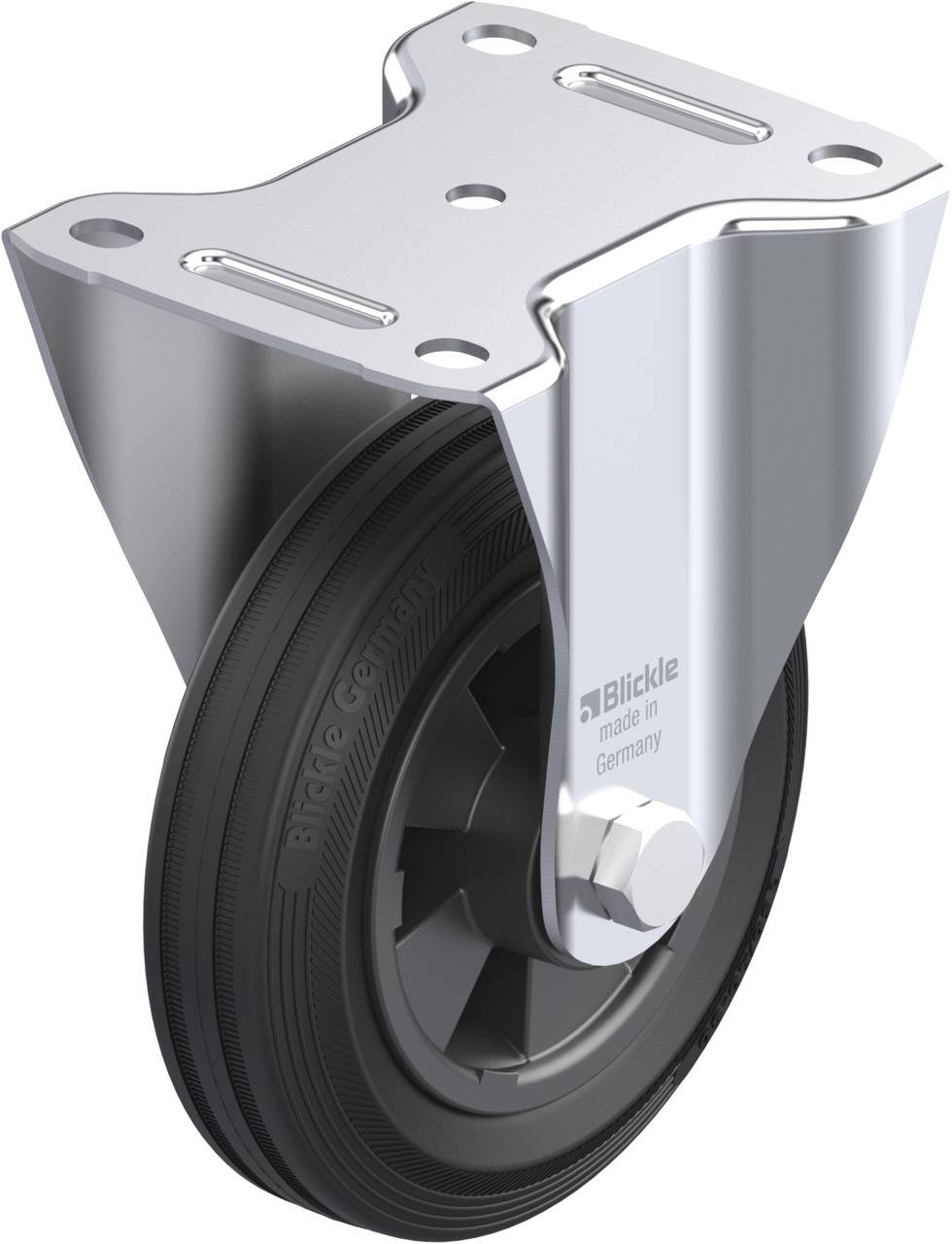 Metallisches Radmodul mit schwarzem Rad und Befestigungsplatte, geeignet für industrielle Anwendungen. Aufschrift: 'Blickle made in Germany'.