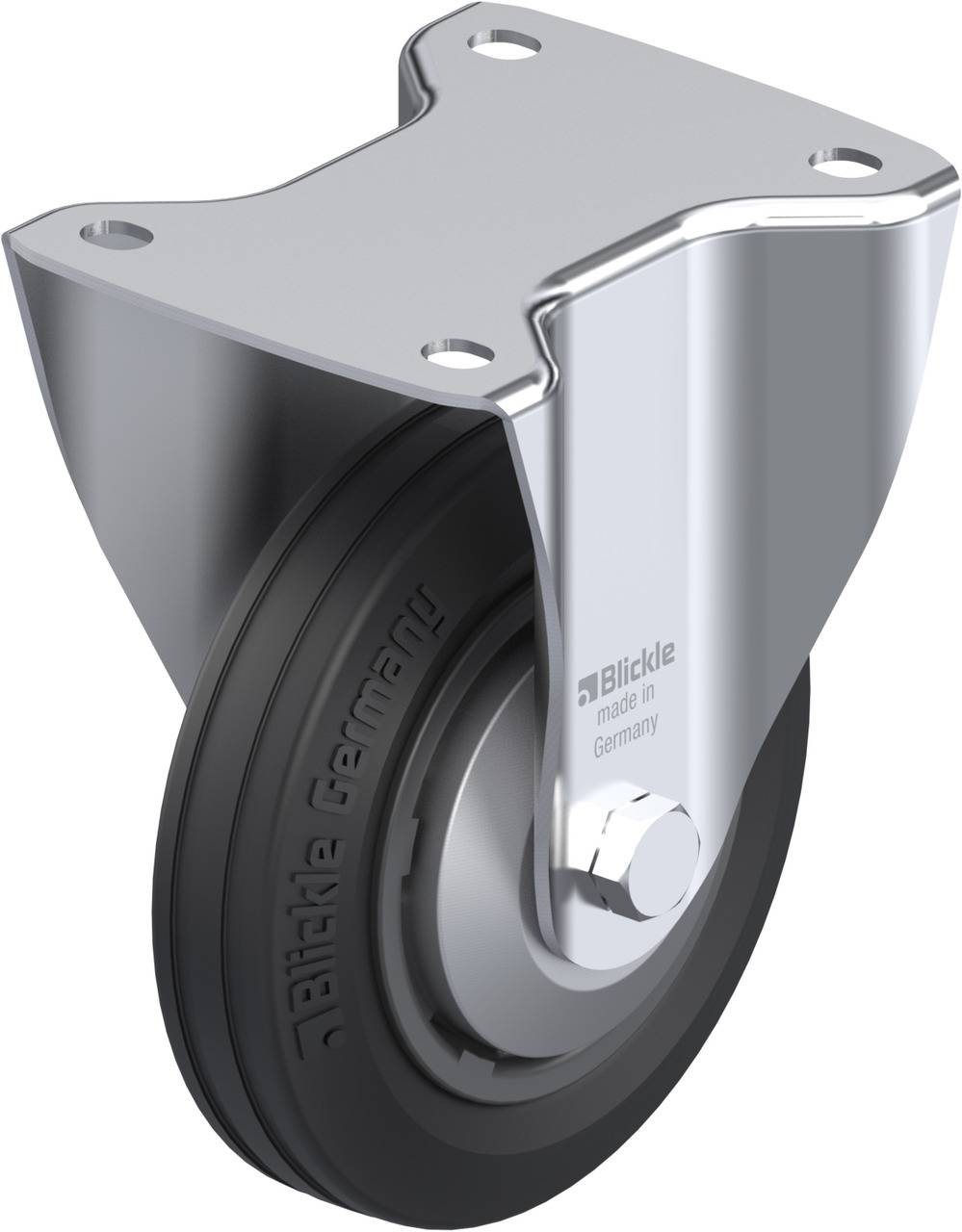 Drehbares schwarzes Gummi-Rad mit silberner Metallhalterung. Markierung 'Blickle made in Germany' auf der Halterung.