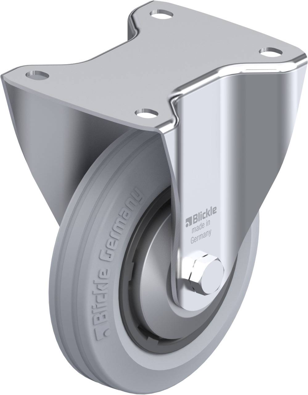 Rolle aus Metall mit schwarzem Rad, Aufschrift: 'Blickle, made in Germany', silbernes Gehäuse, geeignet für industrielle Anwendungen.