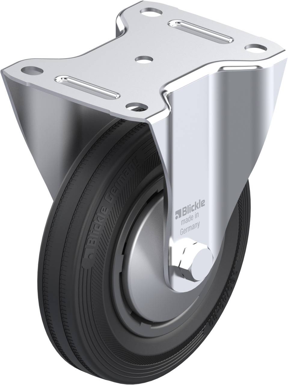 Metallisches Rad für Industrieanwendungen mit Gummireifen, montiert auf einer stabilen Halterung. Text 'Blickle made in Germany'.