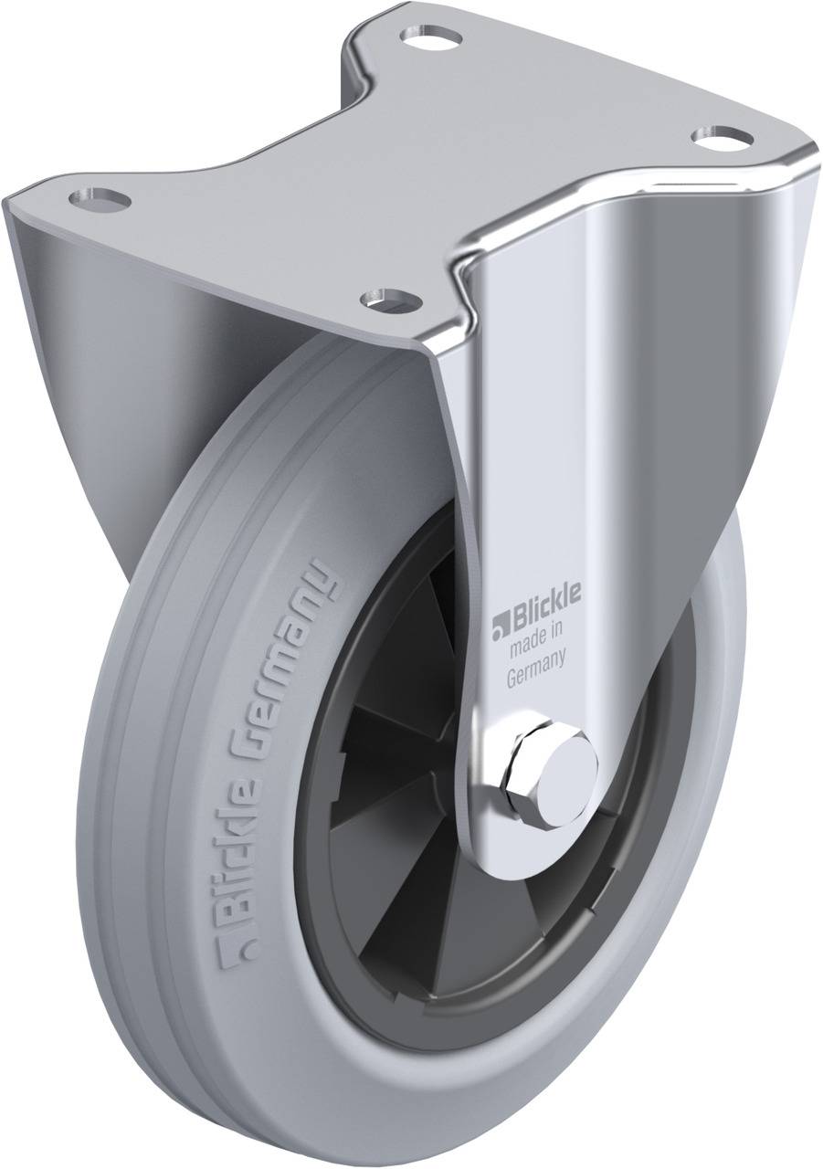 Graue Lenkrolle mit stabiler Metallhalterung, geeignet für industrielle Anwendungen, hergestellt in Deutschland.