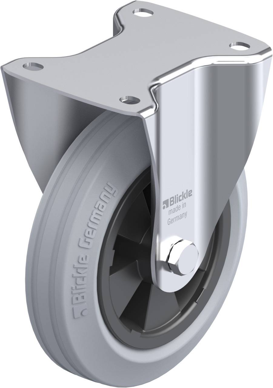 Schwenkrolle aus Metall und Gummi mit Aufdruck 'Blickle Germany', befestigt an einer quadratischen Metallplatte mit Löchern.