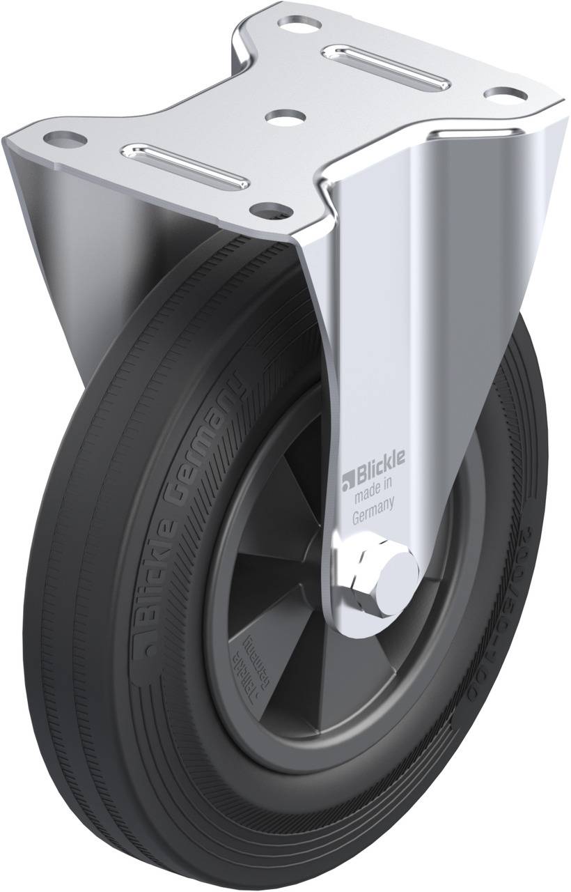 Ein schwarzes Industriegelenk-Rad mit einem Metallsockel, geeignet für schwere Lasten, 'Blickle made in Germany' auf der Radseite.