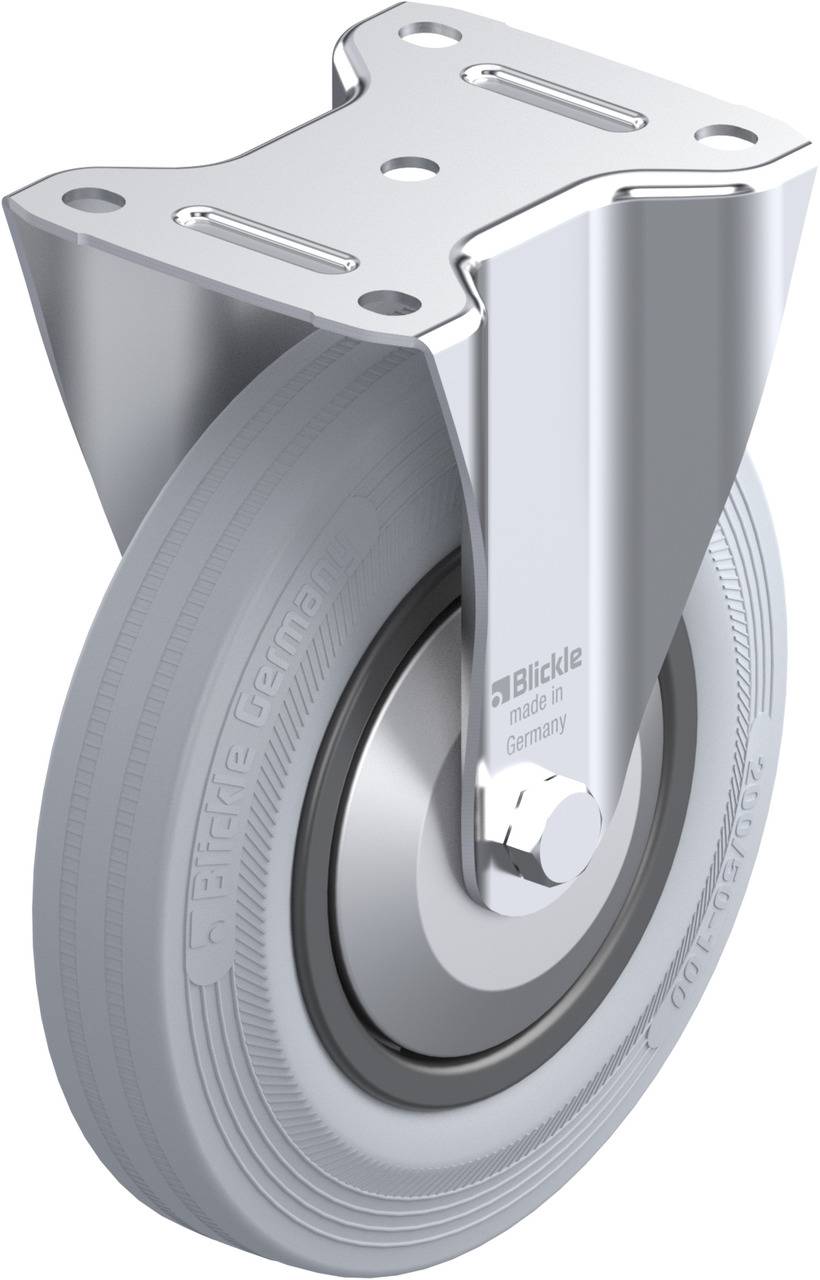 Ein graues Schwerlastlaufrad mit Metallhalterung, geeignet für Industrieanwendungen. Hergestellt in Deutschland von blickle.
