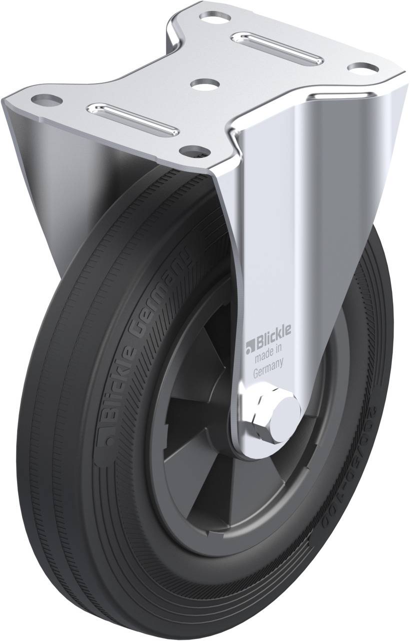 Metallisches Lenkrollen-Stützrad mit schwarzem Gummireifen. Markierung: 'Blickle', 'Germany'. Geeignet für Möbel oder leichte Transportmittel.<br>