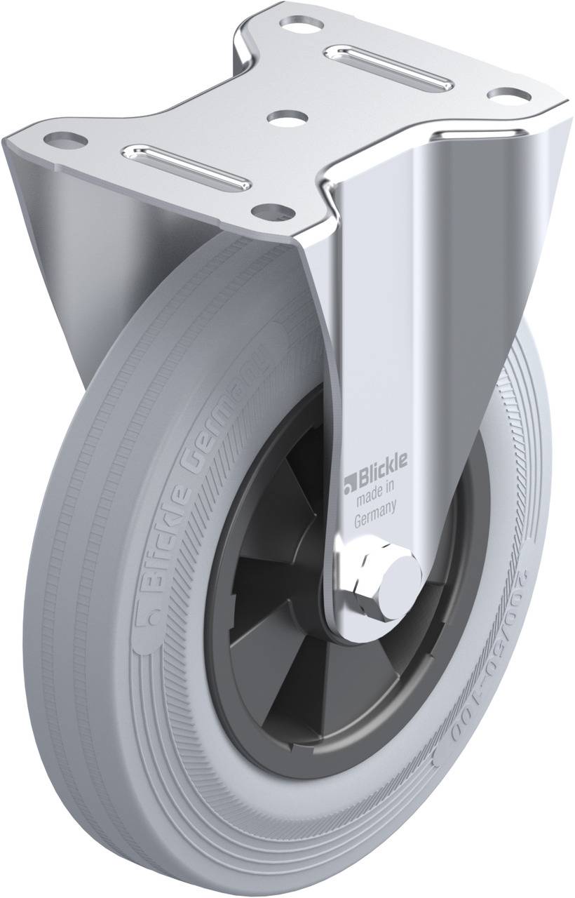 Metallische Apparaterolle mit Befestigungsplatte und grauem, gummierten Rad, montiert für industrielle Anwendungen.