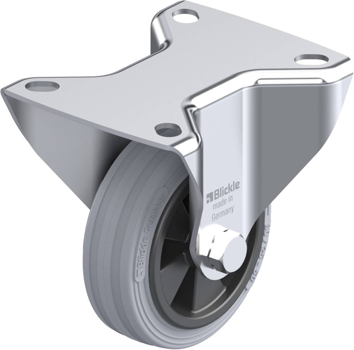Ein silbernes Rad mit einem Befestigungsblech. Auf dem Rad steht 'Blickle made in Germany'. Es scheint für schwere Lasten geeignet zu sein.