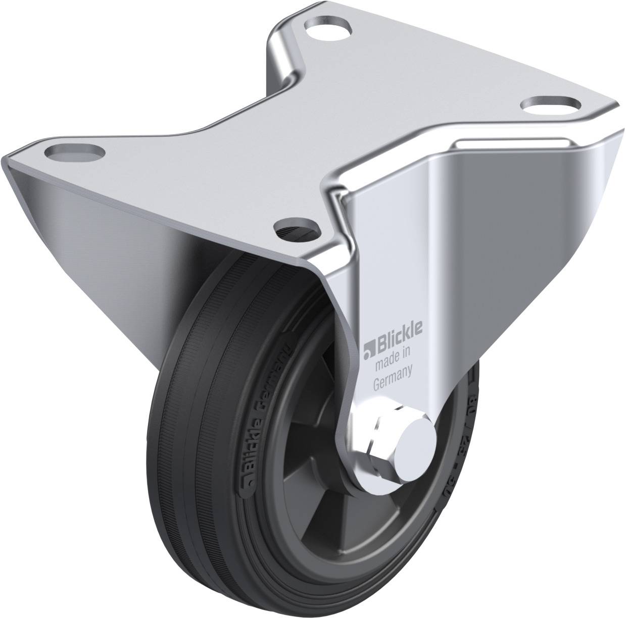 Eine einzelne Lenkrolle mit Metallgehäuse, schwarzem Rad und Radgabel aus Metall, geeignet für Möbel oder Transportwagen.