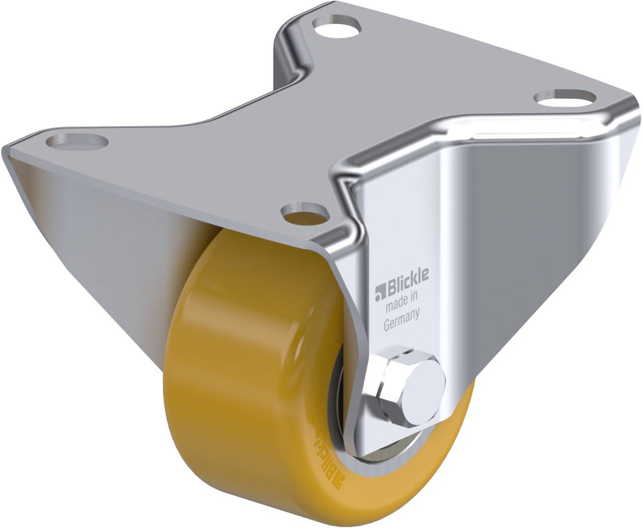 Metall-Radhalterung mit gelbem Rad, seitlicher Blick. Aufschrift 'Blickle made in Germany' erkennbar auf der Halterung.