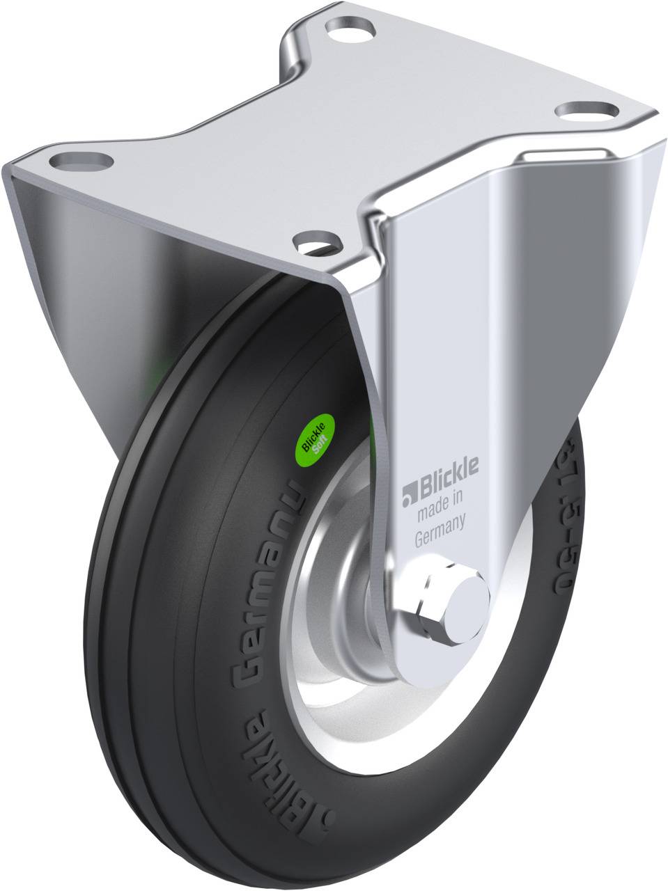 Schwenkrolle mit schwarzem Gummirad und silberner Halterung, 'Blickle made in Germany' auf dem Rad erkennbar.