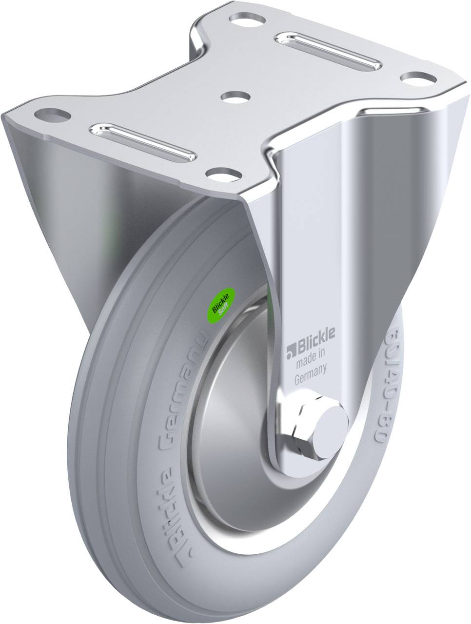 Ein graues Lenkrolle-Rad mit Metallhalterung, geeignet für den Einsatz in industriellen Anwendungen. Beschriftet mit 'Blickle' und 'made in Germany'.