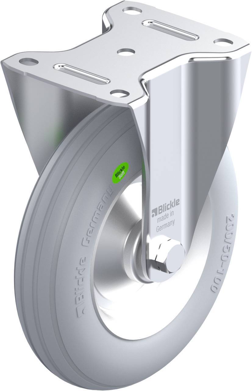 Drehbares, schweres Laufrad mit Metallhalterung und einem grauen Gummirad, geeignet für industrielle Transportgeräte.