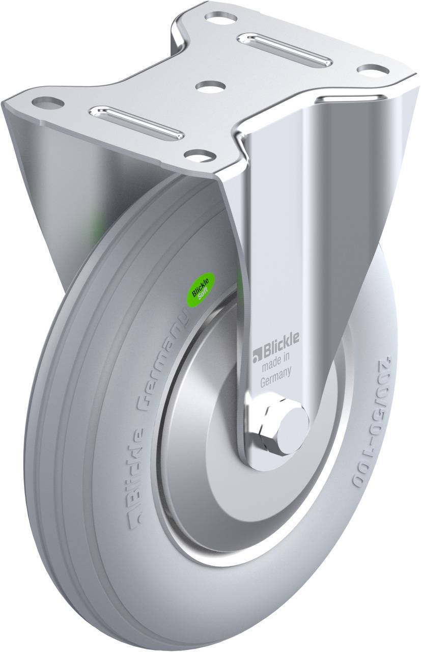 Rolle aus Metall und Gummi mit Befestigungsplatte; Aufschrift 'Blickle, made in Germany'. Geeignet für industrielle Anwendungen.