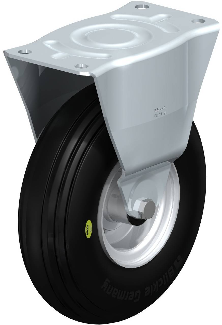 Schwenkrolle mit schwarzem Gummirad und silberner Halterung, geeignet für Industrieanwendungen.