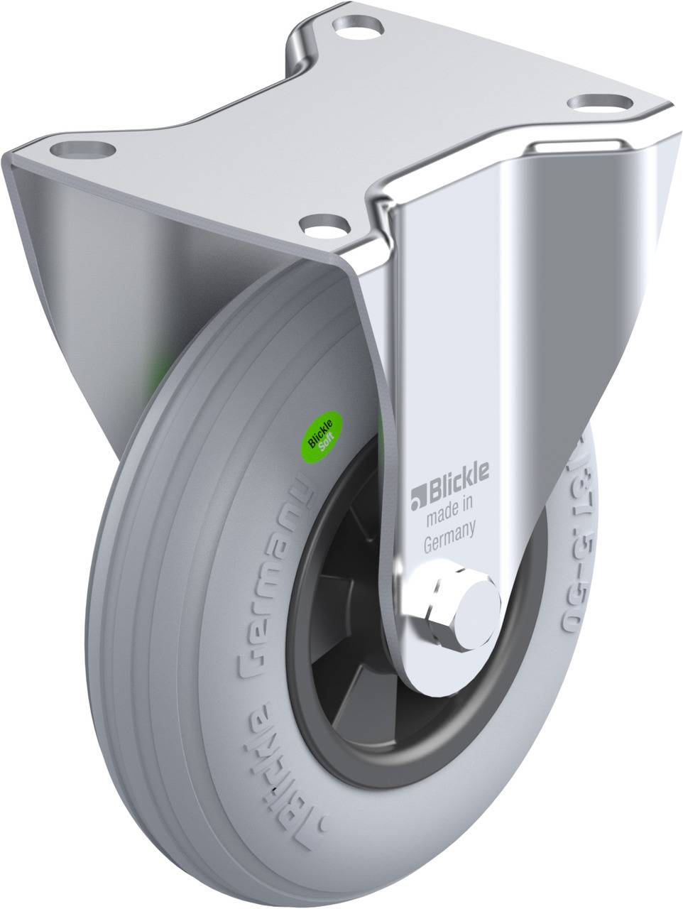 Industrie-Lenkrolle aus Metall mit grauem Gummirad, Aufschrift 'Blickle made in Germany'. Robust für schwere Lasten geeignet.
