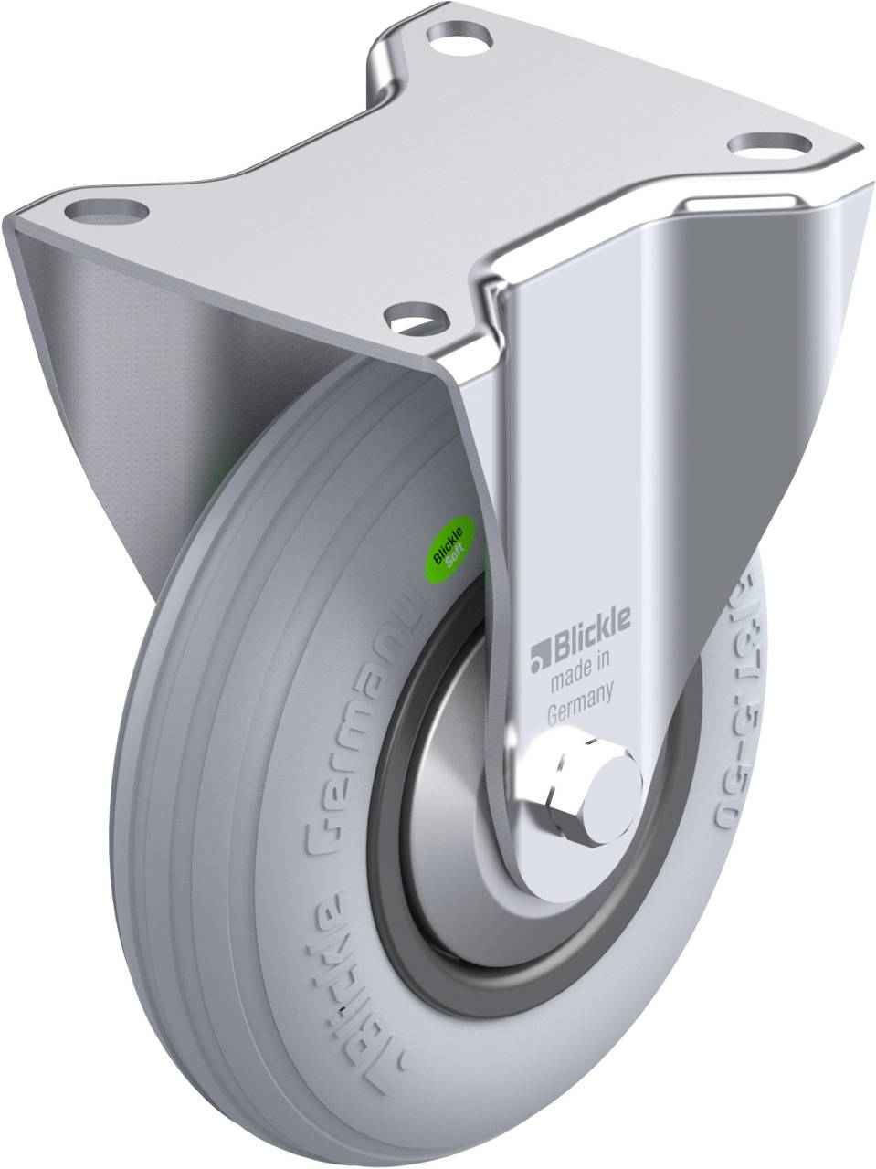 Silbernes Schwenkrollen-Rad aus Metall mit Montageplatte. Das Rad ist grau und zeigt die Aufschrift 'Blickle made in Germany'.