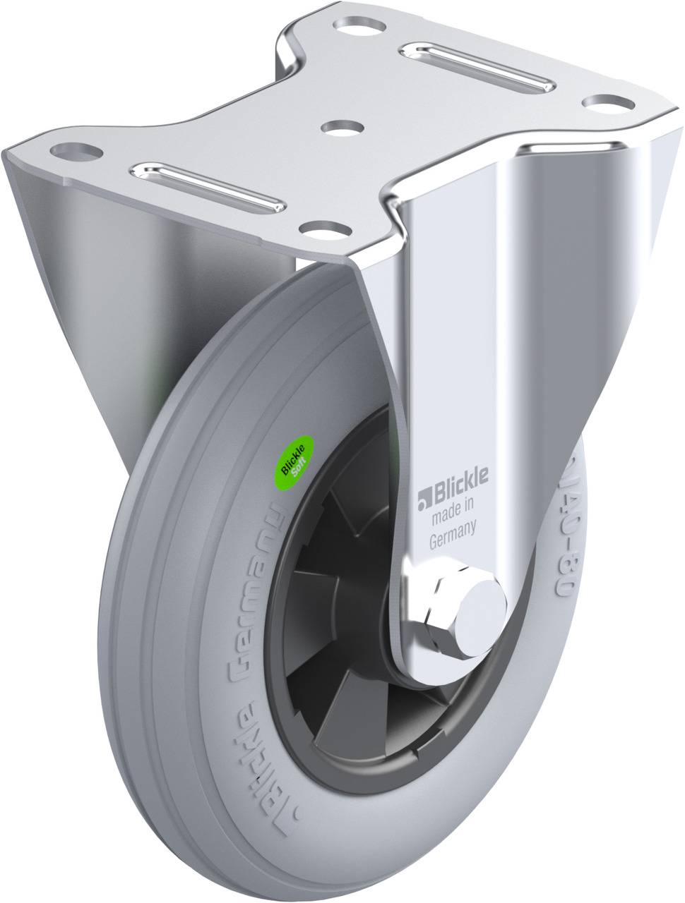 Rad aus grauem Gummi mit Metallhalterung, geeignet für Transportwagen. Aufschrift 'Blickle - made in Germany'.
