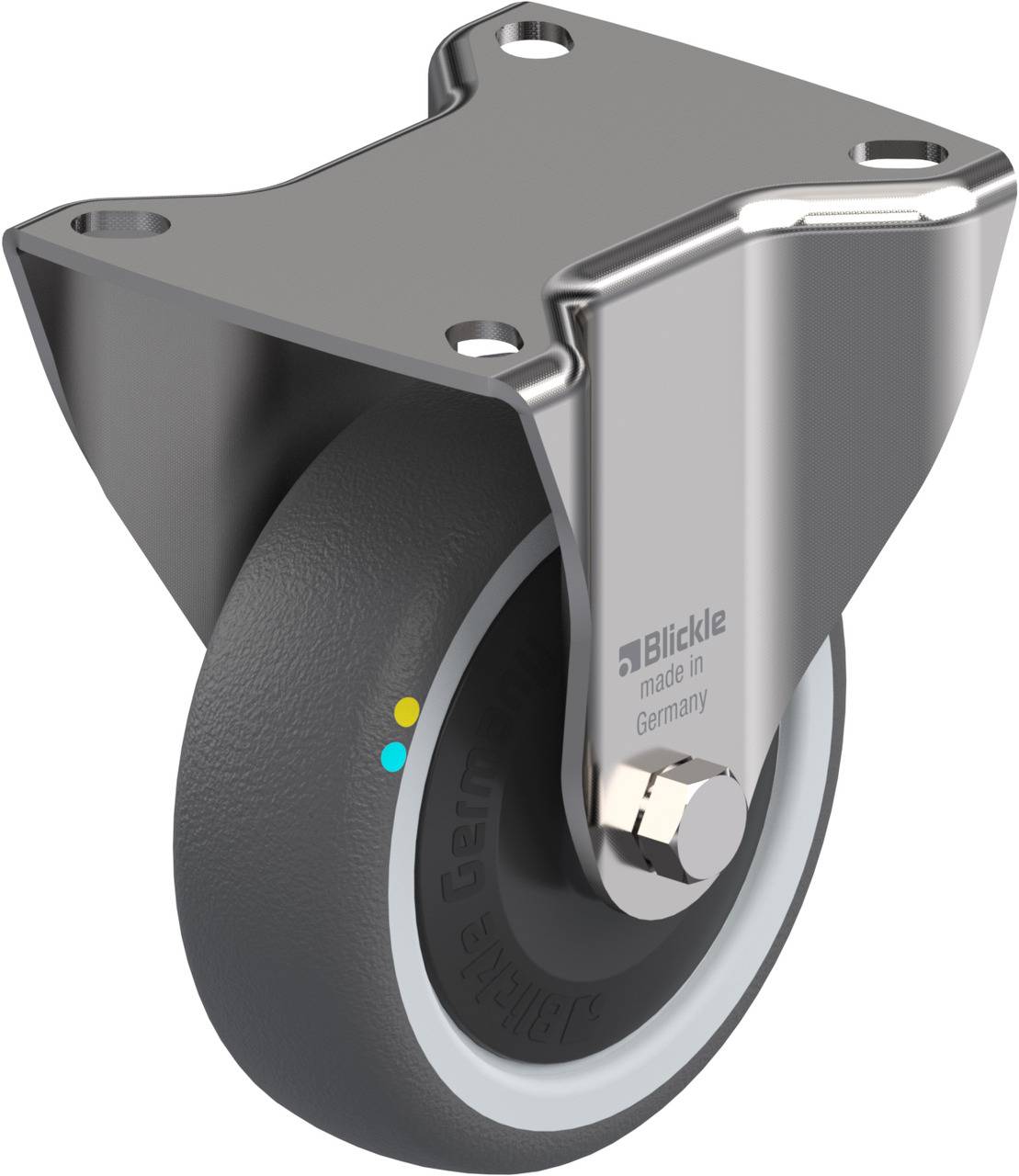 Ein industrielles Bockrolle mit grauem Rad und silberner Halterung, hergestellt von Blickle in Deutschland, geeignet für Schwerlastanwendungen.