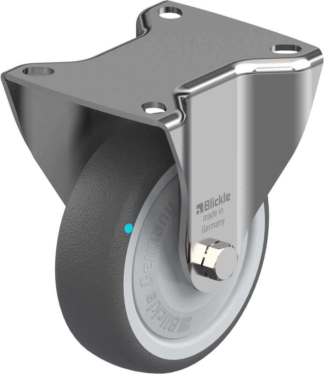 Metallene Bockrolle mit grauem Rad und rutschfester Trittfläche, Aufdruck 'Blickle made in Germany'.