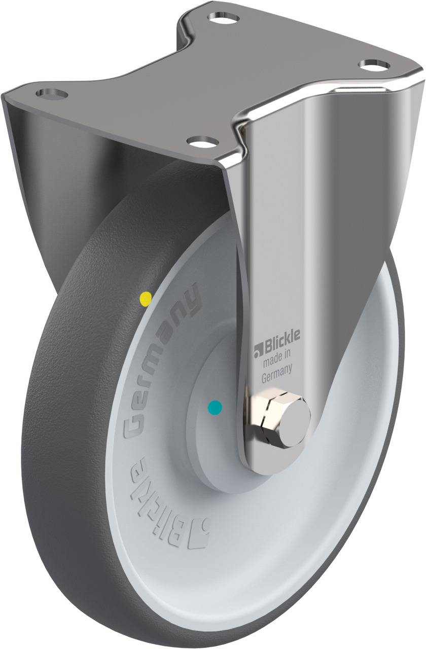 Metallgehäuse mit befestigtem Rad, teilweise verdeckt. Rolle ist grau mit weißem Zentrum. Aufdruck: 'Blickle, Germany'.