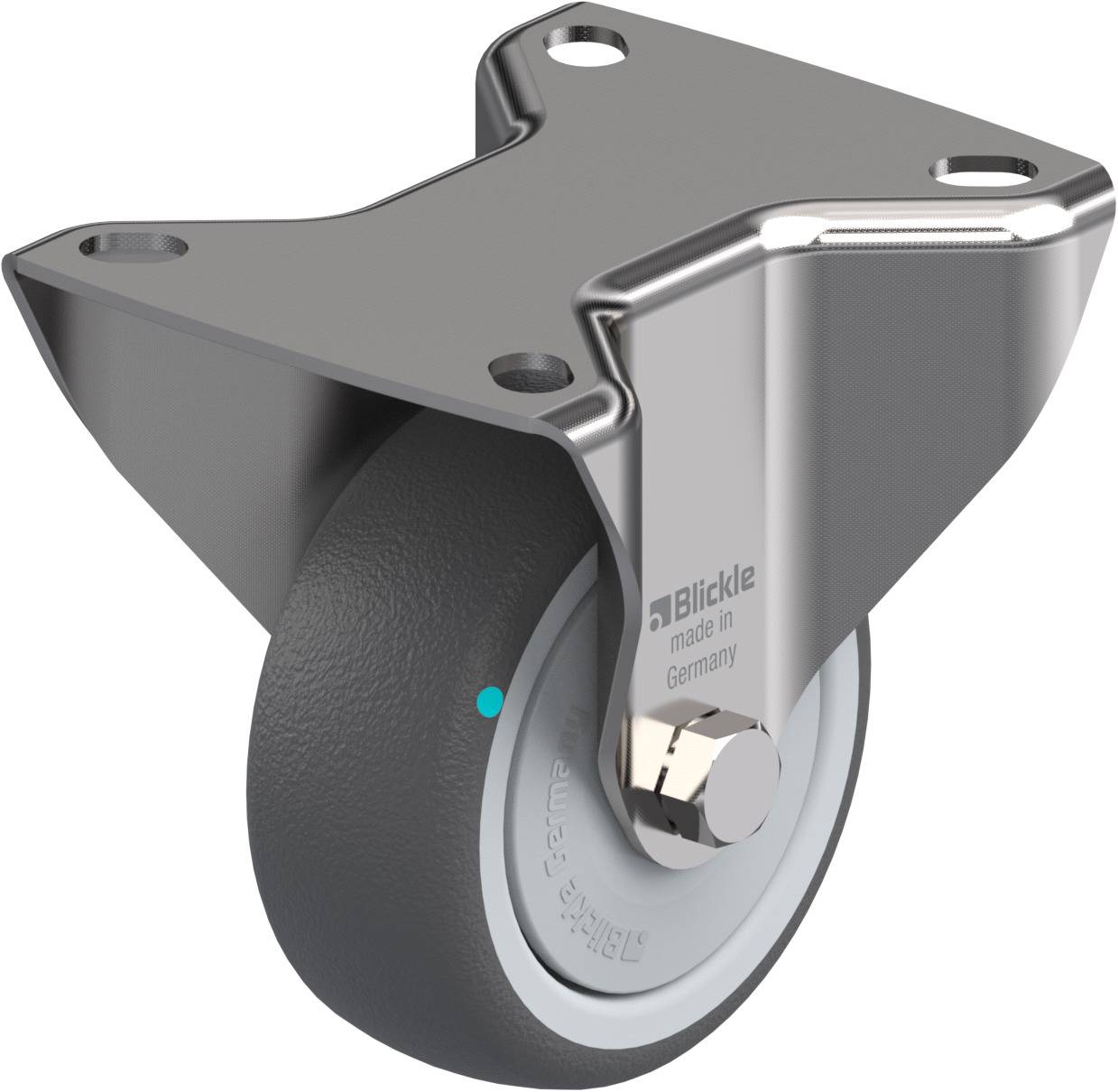 Eine drehbare Rolle aus Metall mit grauem Rad, geeignet für Möbel oder Transportwagen, hergestellt in Deutschland.