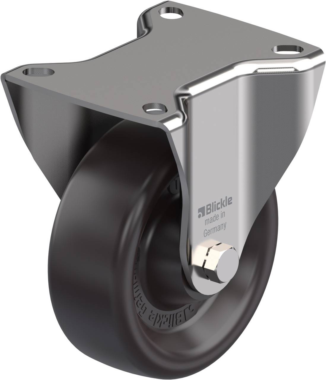 Schwenkrolle mit schwarzem Rad und silbernem Gehäuse, geeignet für den industriellen Einsatz. Herstellermarkierung 'Blickle' sichtbar.