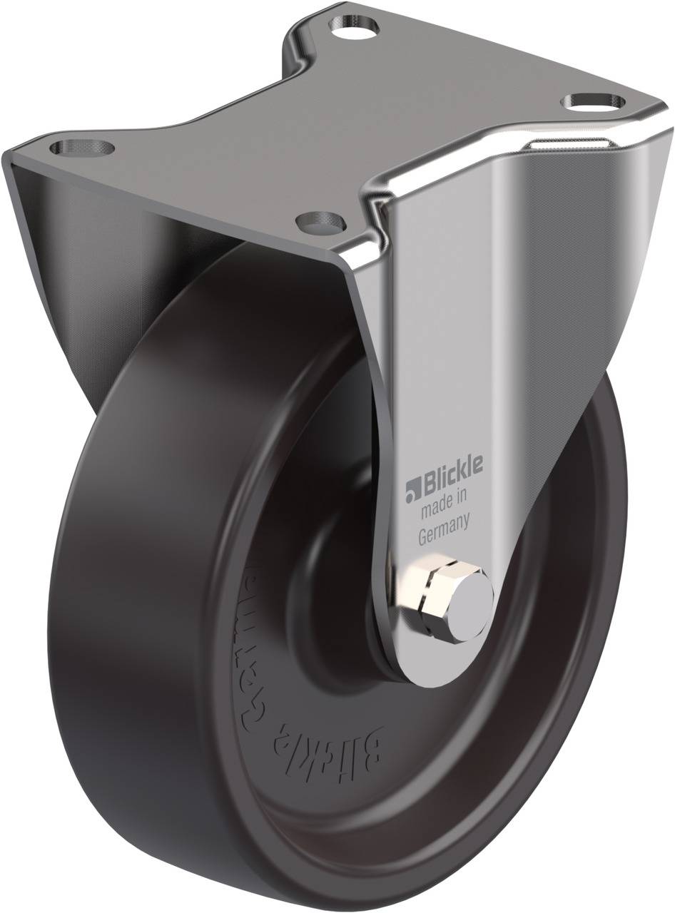 Schwenkrolle aus Metall mit schwarzem Kunststoffrad, geeignet für Möbel oder industrielle Anwendungen, Hersteller: Blickle.