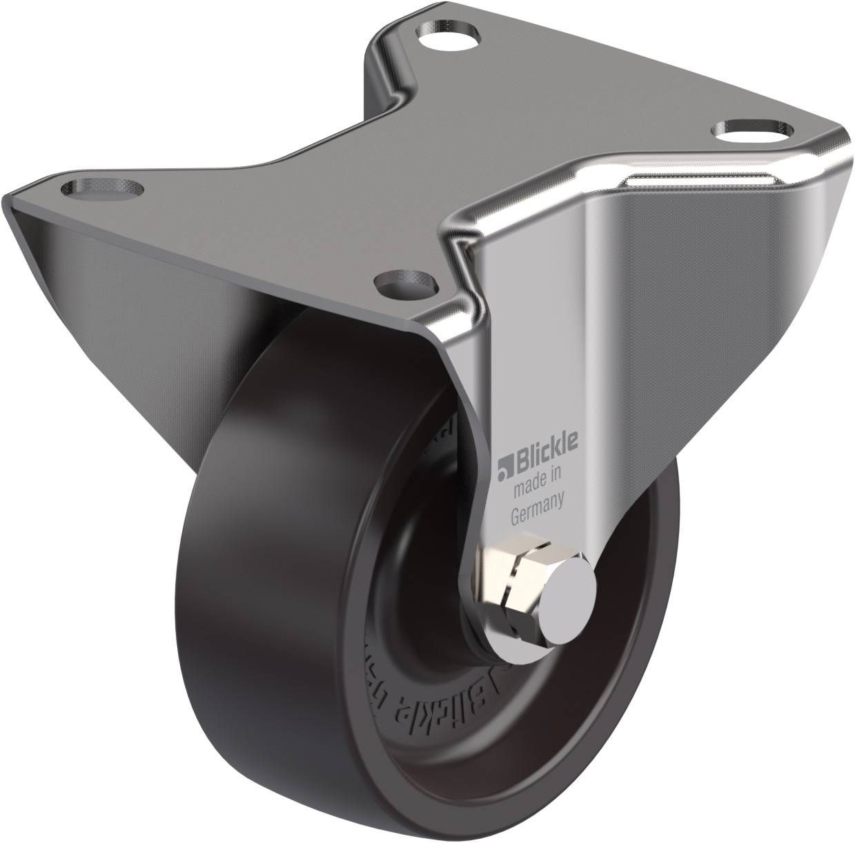 Drehbares Industrielenkrollengehäuse mit schwarzem Rad, aus Edelstahl gefertigt, geeignet für schwere Lasten in verschiedenen Anwendungen.