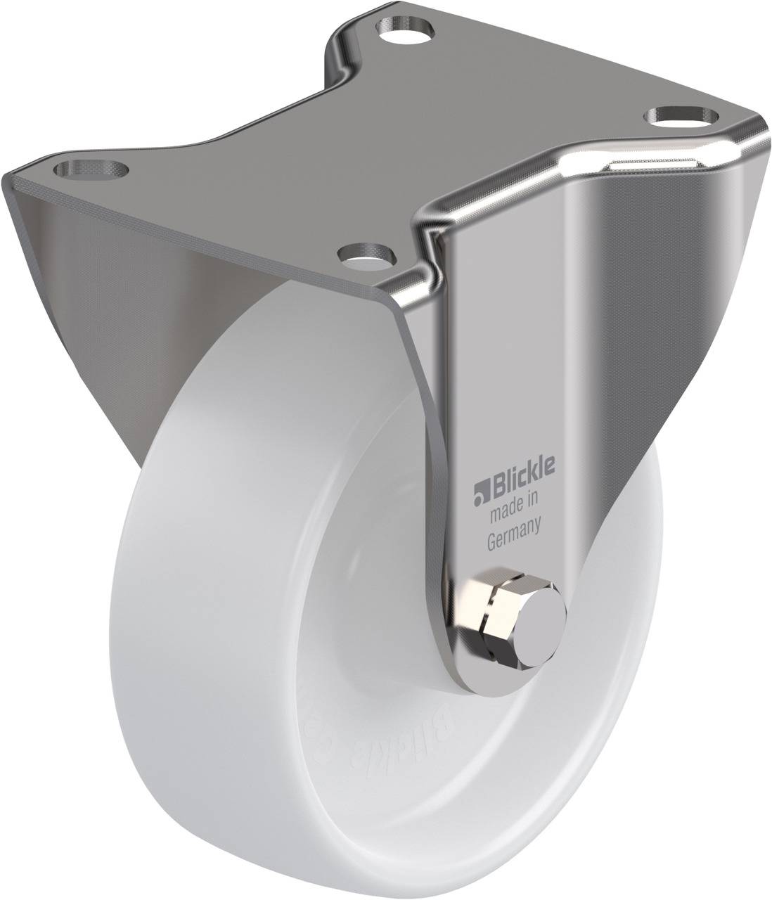 Industrie-Lenkrolle mit weißem Rad, montiert an einer grauen Metallhalterung. Aufdruck 'Blickle made in Germany' sichtbar.