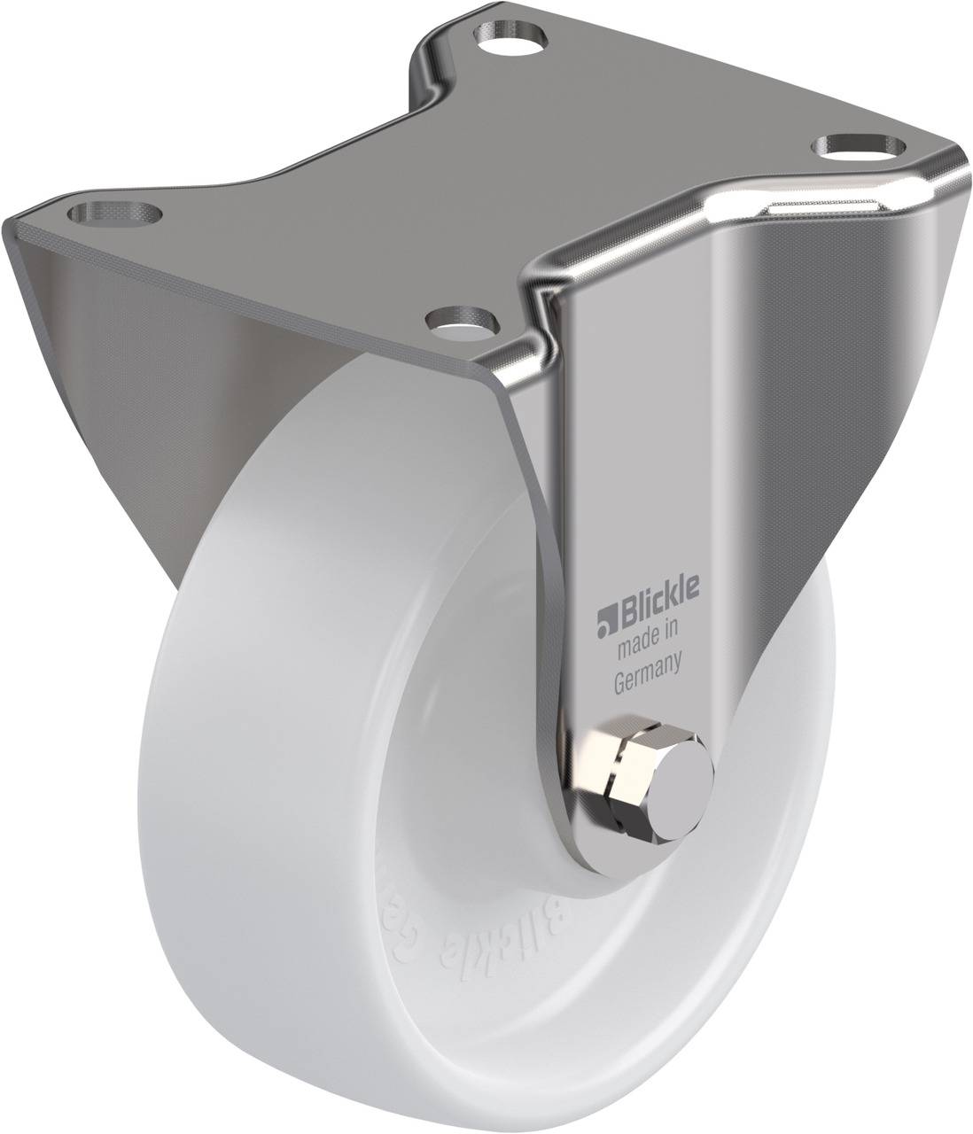 Metallrolle mit weißem Rad, befestigt an einer Platte. Herstellername 'Blickle' und 'Made in Germany' auf der Halterung eingraviert.