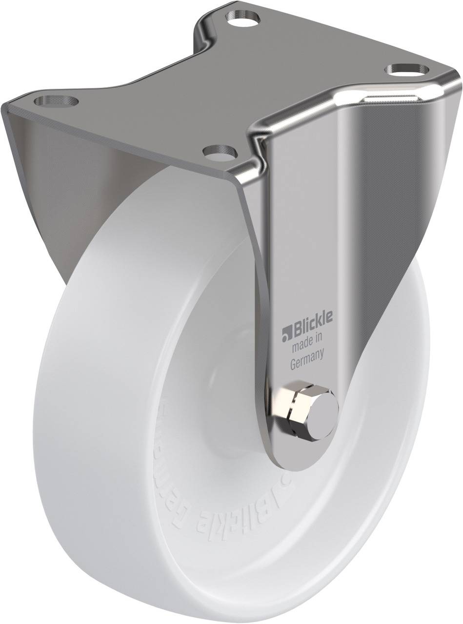 Rolle mit Metallgehäuse, kugelgelagert, aus Kunststoff, geeignet für industrielle Anwendungen. Auf dem Gehäuse steht 'Blickle, made in Germany'.