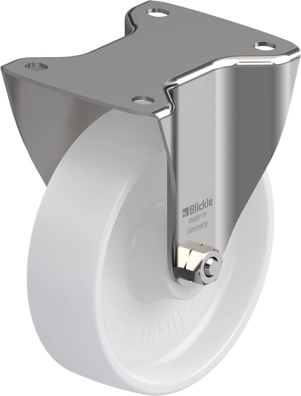 Grau-weiße Möbelrolle mit Metallgehäuse. Auf dem Metall steht 'Blickle - made in Germany'. Geeignet für Möbel oder Geräte.