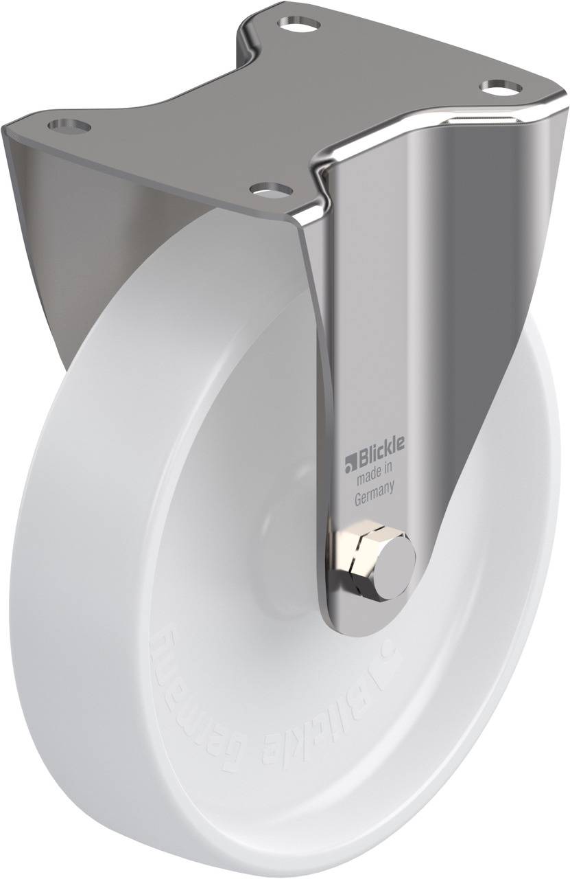 Laufrad mit einem Metallgehäuse, vermutlich zur Verwendung in industriellen Anwendungen. Gehäuse glänzend, Rad weiß und robust.