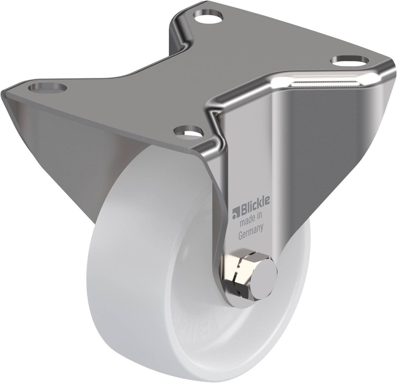 Ein Metallgehäuse mit einem weißen Rad unten. Auf dem Gehäuse steht der Schriftzug 'Blickle made in Germany'.