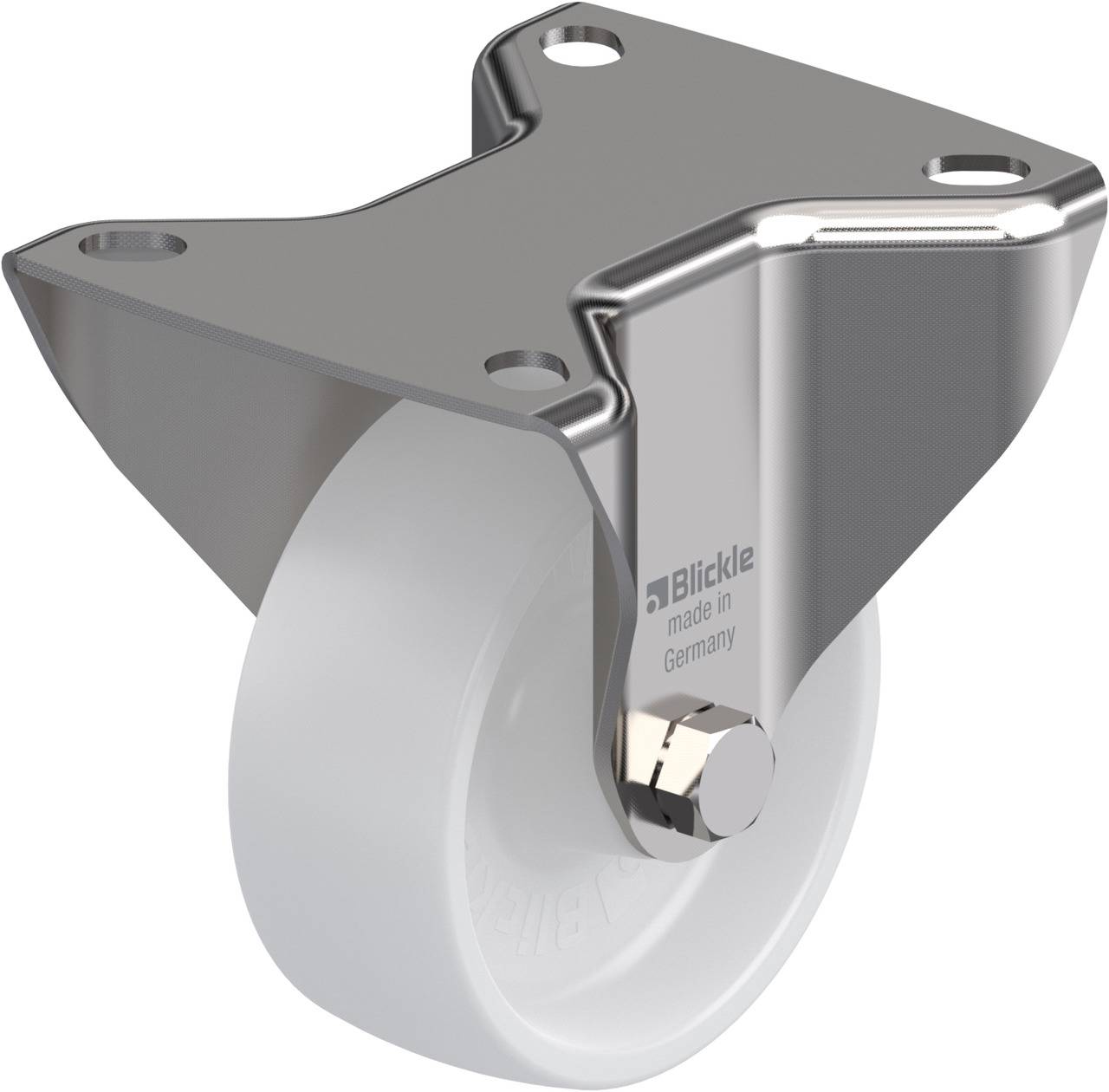Metall-Rollenhalterung mit weißem Rad, drei Befestigungslöcher oben, glänzende Oberfläche. Aufschrift: Blickle, made in Germany.
