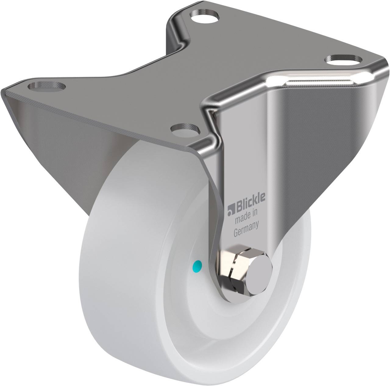 Metallrolle mit Halterung und Kunststoffrad, geeignet für industrielle Anwendungen.