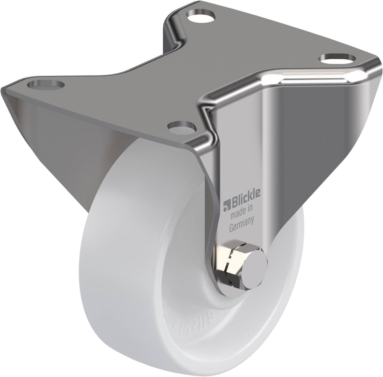Schwenkrolle mit weißem Rad, Edelstahlgehäuse, Aufschrift: Blickle made in Germany.